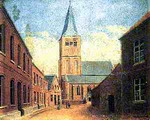 Seitenansicht der Katholischen Kirche- Kirchturm und Langhaus