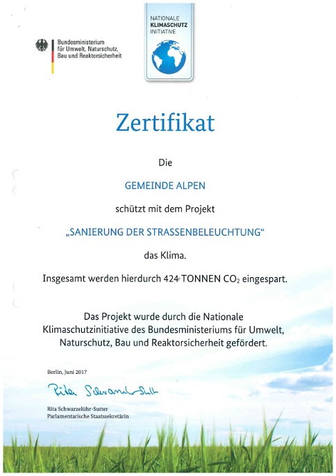 Zertifikat für das Projekt "Sanierung der Straßenbeleuchtung" der Gemeinde Alpen